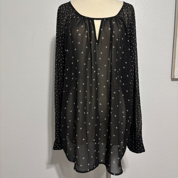 Old Navy Sheer Black Blouse Women’s XXL Long Sleeve Boho Peasant Top Ditsy Print - Picture 1 of 13